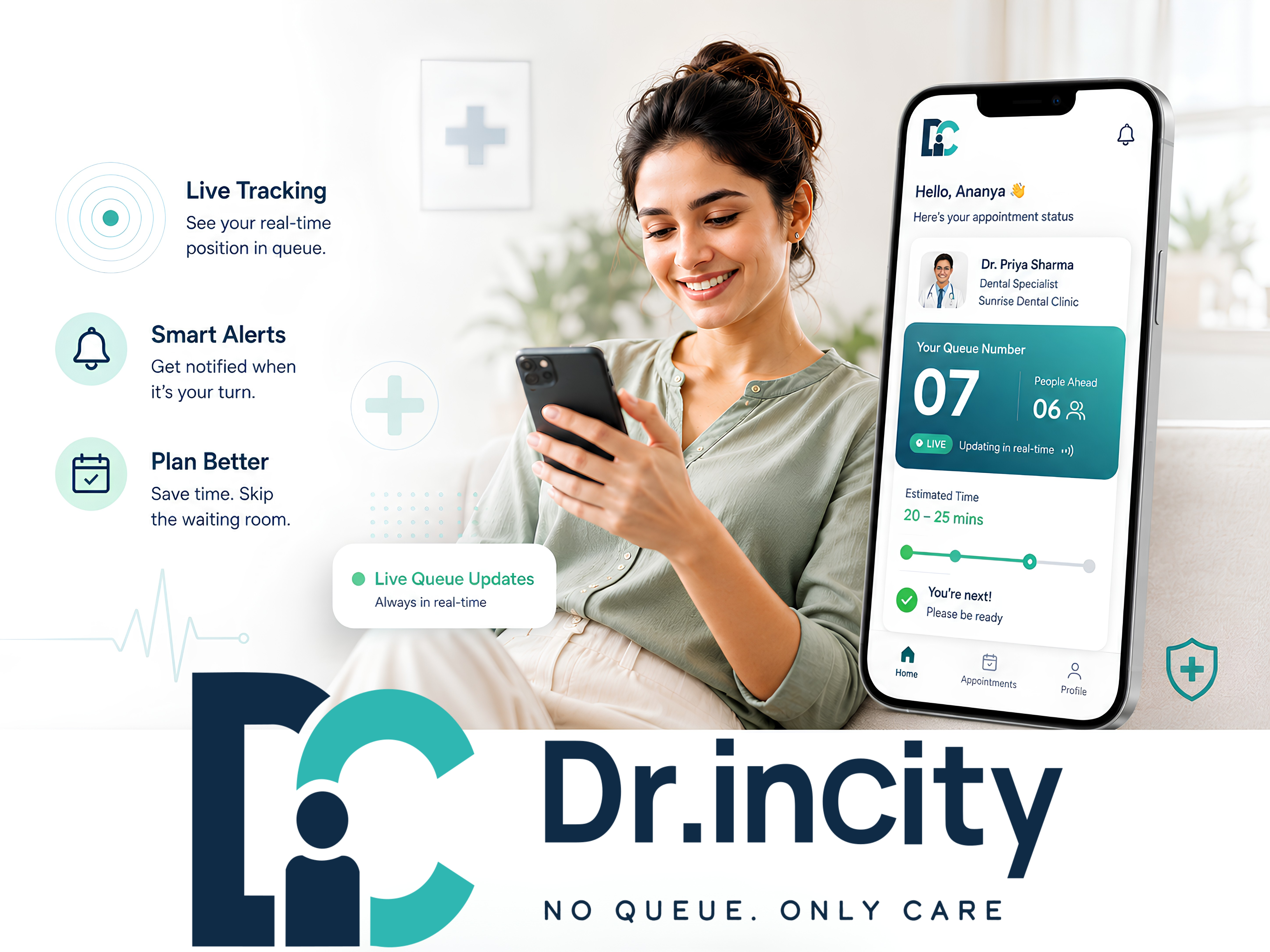 Patient checking their live queue position while a reception dashboard runs in the background